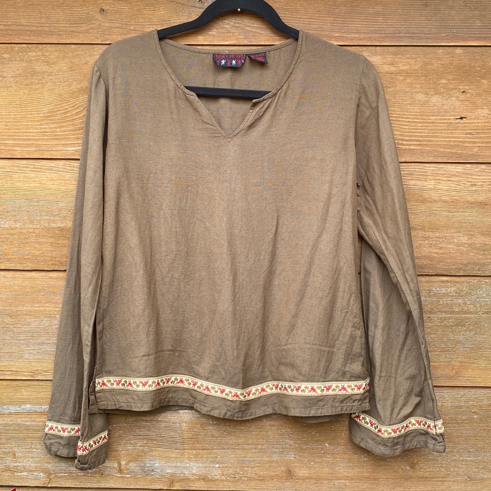 Funky People Boxy Brown Linen Blend Cropped Top with Ribbon Trim